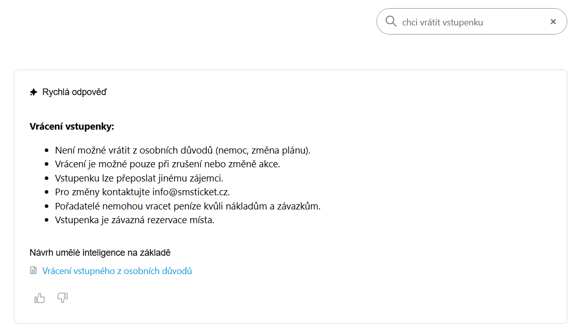 Ukázka AI odpovědi v nápovědě pro návštěvníky