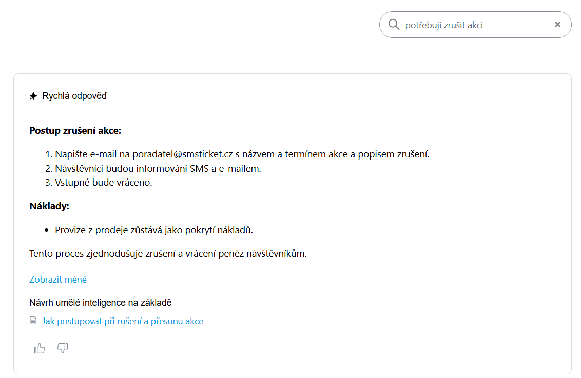 Ukázka AI odpovědi v nápovědě pro pořadatele